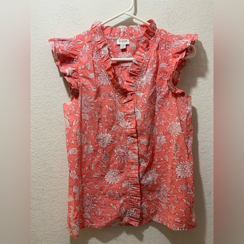 J Crew Womens Sleeveless Shirt Large Colorful Floral Ruffles Preppy Resort